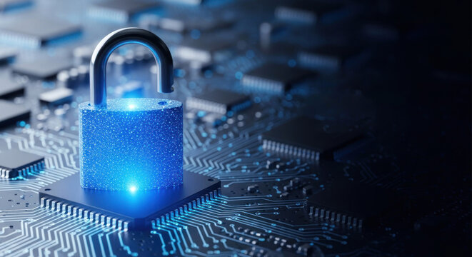 A padlock with a blue light on a circuit board background.