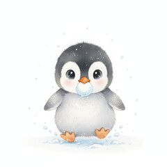 Fototapeta premium Adorable baby penguin illustration, happily standing on pristine snow with blue pacifier. Its charming innocent expression and rosy cheeks radiate joy, surrounded by gentle falling snowflakes