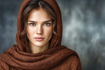 A woman with a brown scarf on her head