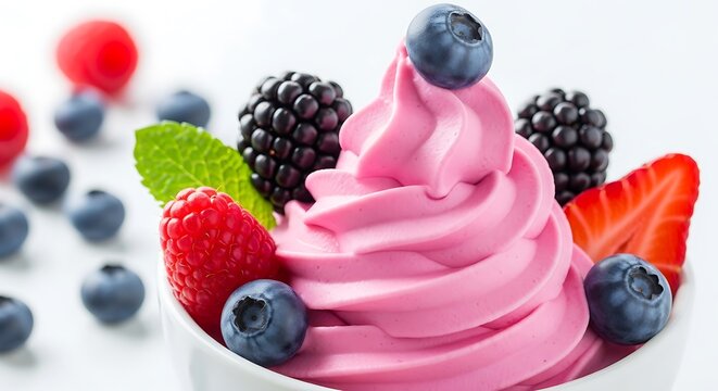 Pink frozen yogurt with fresh berries and a mint leaf in a bowl.