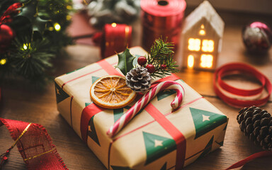 Close up of a christmas gift with decorations and a candy cane on a wooden surface with ornaments