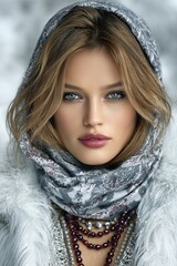 A woman wearing a scarf and a white coat