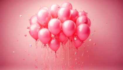 Bunch of Several Bright Pink Helium Inflatable Birthday Air Luftballons Balloons with Strings Flying Floating for Happiness Party Holiday Celebrations with Pink Background with Copy Space Photoshoot