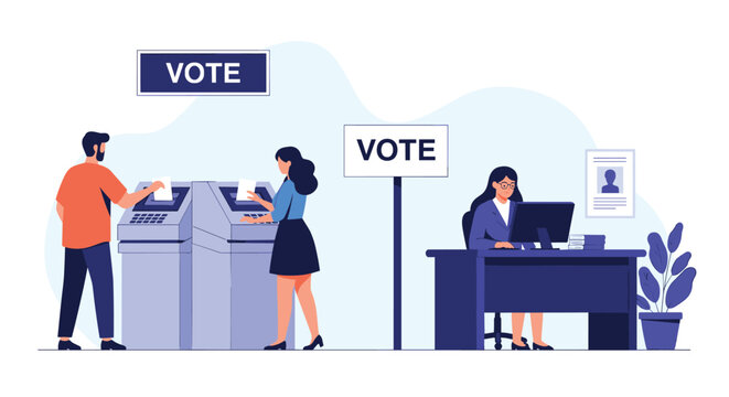 Citizens exercising their democratic right by casting ballots into voting machines at a polling station, overseen by an election official.