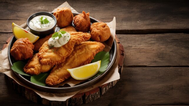 Fried fish fillets with hushpuppies, lemon and tartar sauce on a rustic wooden table