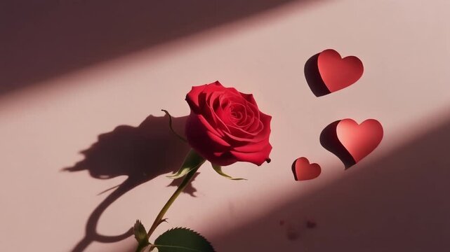 Romantic flat lay composition of a single red rose and love hearts with strong diagonal shadows on a pastel pink surface for Valentine's Day