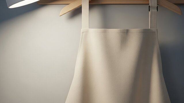 Beige Apron Hanging on Wooden Hanger Plain Background Cooking Baking Food Prep