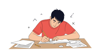 A focused young student diligently writes on papers at a desk with a pencil, symbolizing concentration and academic dedication.