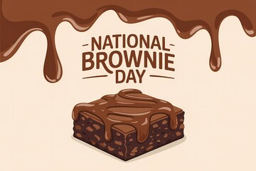 Illustration of pixel art illustration celebrating national brownie day with a delicious chocolate brownie drizzled with fudge