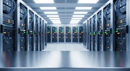 A server room with multiple servers and cables.