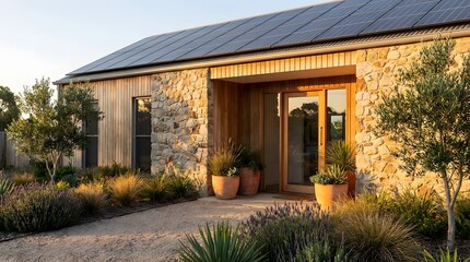 Modern Stone and Wood House with Solar Panels and Natural Landscaping