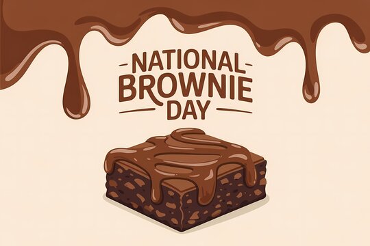 Illustration of pixel art illustration celebrating national brownie day with a delicious chocolate brownie drizzled with fudge