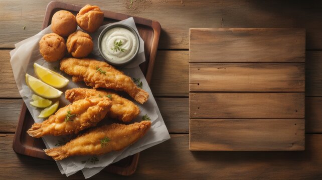 Golden fried fish and hush puppies served with lime and sauce on a rustic wooden table - Powered by Adobe