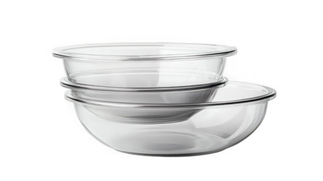 A stack of three clear glass mixing bowls nested together on a black background in a studio shot