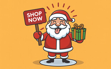 Cartoon santa claus holding shop now sign and gift box on a yellow background illustration