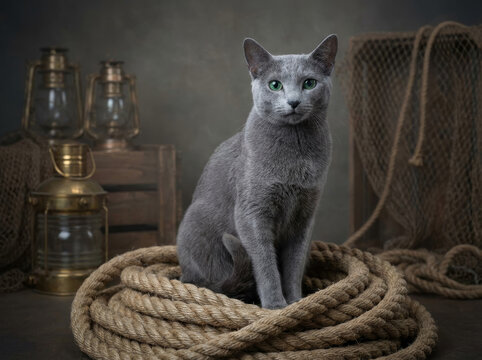 Chat bleu russe aux yeux verts, assis sur corde avec lanterne et cage de p&ecirc;che
