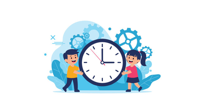 Young children, a boy and a girl, happily collaborate to hold a large clock, surrounded by abstract blue gears and organic shapes, symbolizing time.