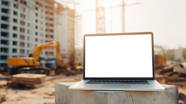 Construction Site Laptop Copy Space – Industrial Workspace Mockup – Engineering Field Layout