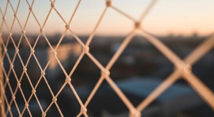Fototapeta premium Close up of balcony safety net with blurred urban cityscape at golden hour for security concept and safe home perspective