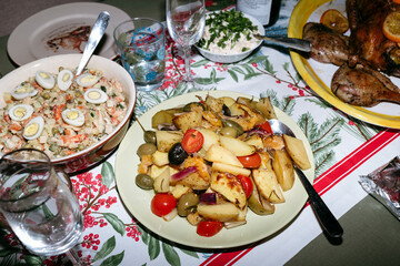 Festive Dinner Spread With Roasted Vegetables and Seafood Salad