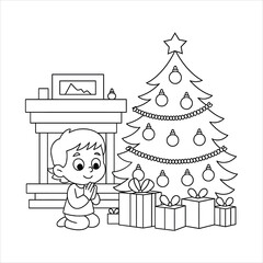 A Kid's Praying Beside Christmas Tree Vector Illustration, Christmas Eve Scene with Child, Fireplace, and Tree Outline Drawing for Kids Coloring Page