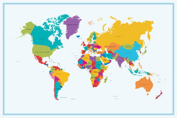 Obraz premium Colorful World Map Showing All Continents and Countries.