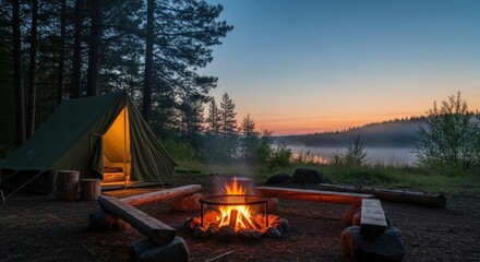 A tent pitched in a forest with a campfire burning in the foreground.