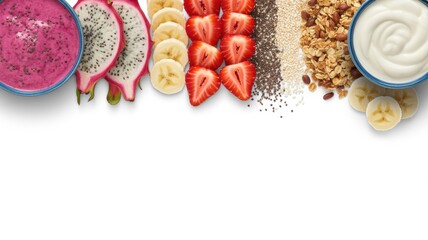 Nutritious breakfast essentials featuring fresh fruits, seeds, granola and creamy yogurt