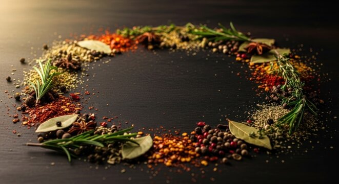 A colorful arrangement of spices and herbs on a black background.