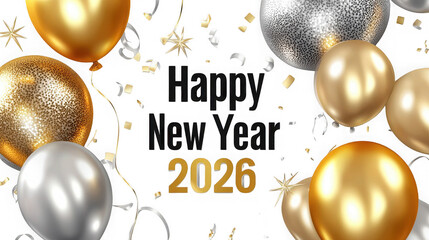 Happy new year celebration featuring balloons and confetti for the year two thousand and twenty six on transparent background