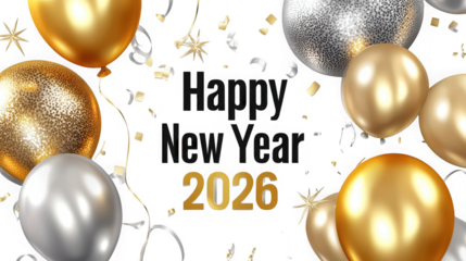 Happy new year celebration featuring balloons and confetti for the year two thousand and twenty six on transparent background