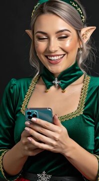 Smiling Christmas Elf Woman Using Smartphone in Festive Green Costume