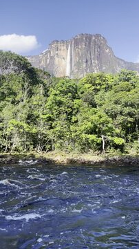 River in the mountains, vertical video of Angel Falls