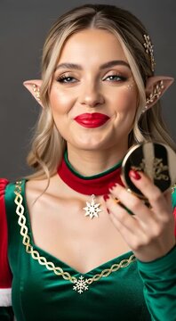 Christmas Elf Woman Applying Red Lipstick While Looking in Compact Mirror
