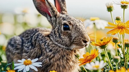 Adorable bunny rabbit hiding in colorful spring flowers, perfect for Easter promotions and spring themed projects, full of life and movement