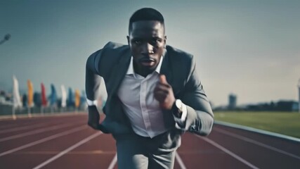 A sharply dressed man charges along a track, sprinting with focus toward a distant finish with grit!