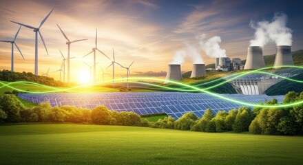 A vibrant green field with a large solar panel array and wind turbines in the background, under a clear blue sky with a few scattered clouds.
