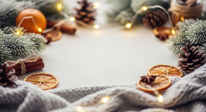 Christmas decorations with pine cones, oranges, and lights on a white background.
