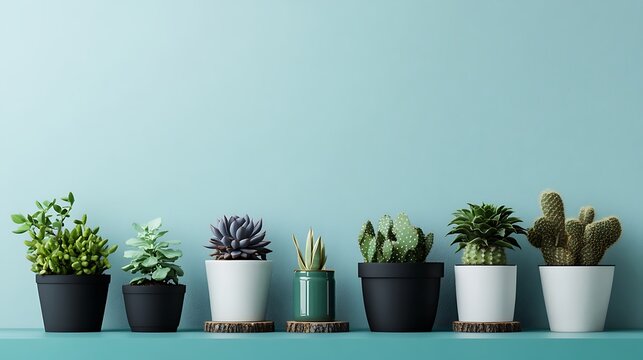 Row of potted succulents and cacti in various pots against a pastel blue wall