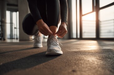 Athletic person tying running shoes in warm gym sunlight, realistic fitness scene emphasizing preparation, motivation and active lifestyle in modern workout space
