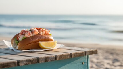 Seafood lobster roll with fresh lemon on a rustic wooden table by the calm ocean.