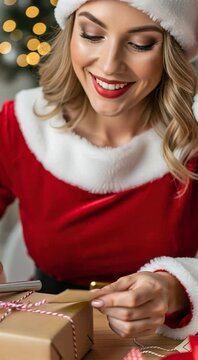Woman in Santa Outfit Wrapping Christmas Gifts with Focused Holiday Expression