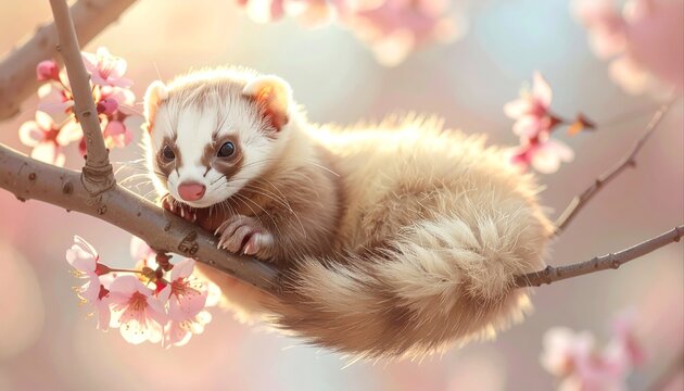 Ferret on Branch with Pink Cherry Blossoms