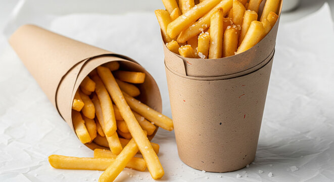 Satisfy cravings with crispy golden french fries served in a stylish paper cone for quick bites