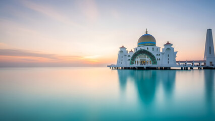 Malacca Straits Mosque at Serene Sunset with Calm Reflections