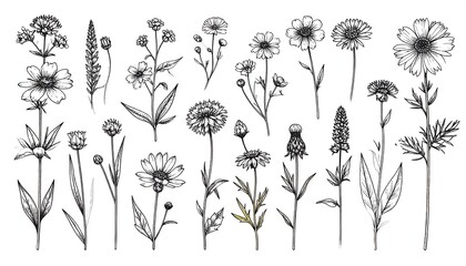 Collection of Hand-Drawn Wildflowers and Herbs Botanical Illustration.