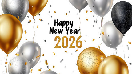 Festive new year celebration with gold and silver balloons and confetti on  on transparent background