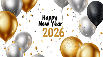 Festive new year celebration with gold and silver balloons and confetti on  on transparent background
