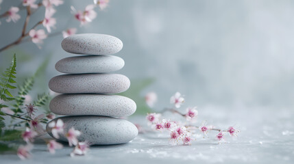 serene with stacked stone surround pink flowers, 3D Rendered Image	
