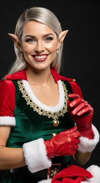 Elegant Christmas Elf Woman Adjusting Red Gloves in Festive Costume